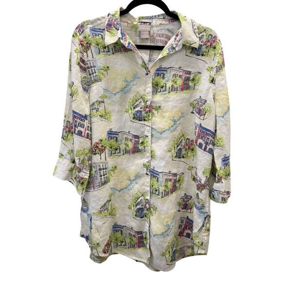 Chicos Womens ButtonShirt Size 2 (L) Linen Scenic Print 3/4 Sleeves Lightweight - Picture 1 of 6